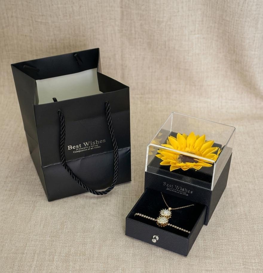 SET GIRASOL: COLLAR + PULSERA Y CAJA