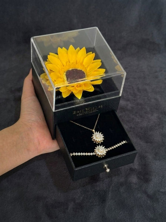 SET GIRASOL: COLLAR + PULSERA Y CAJA